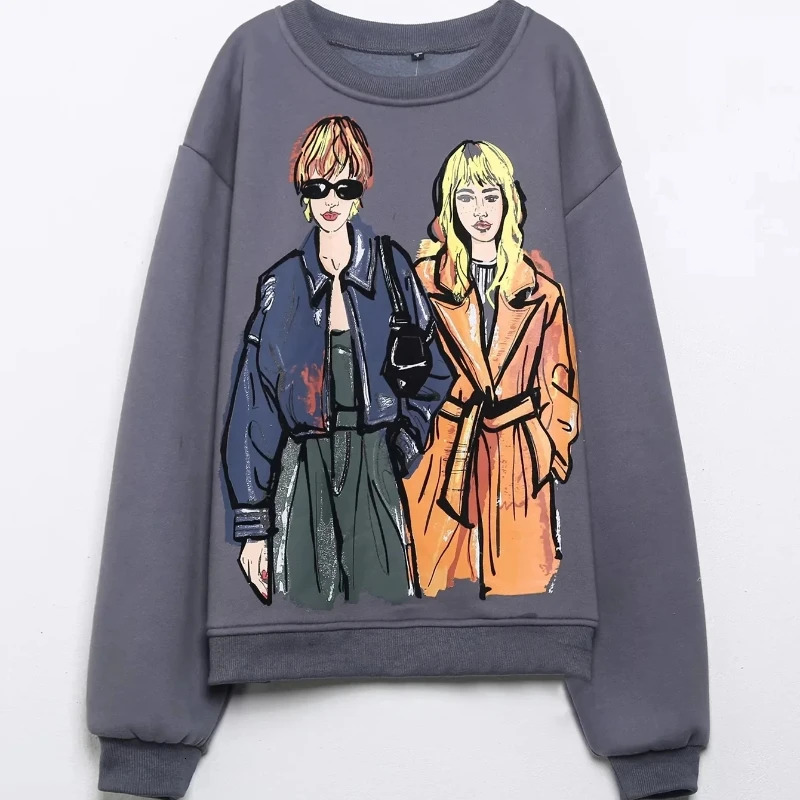 Sivatu TRAF Women Sweatshirts Fashion Beauty Girls Print Casual Female O Neck Hoodies Chic Pullovers Tops 240713