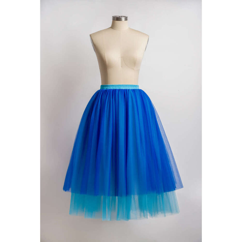 MisShow Popular Long Maxi Tutu Tulle Contrast Color A Line Skirt For Women Elastic High Waist Party Prom Gown Blue Beach Dress