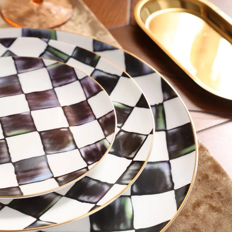 Plates 3Pcs Vintage Checkerboard Bone China Set 6Inch 8Inch 10Inch Porcelain Dinner Serving Dishes Kitchen Restaurant Dinnerware B5