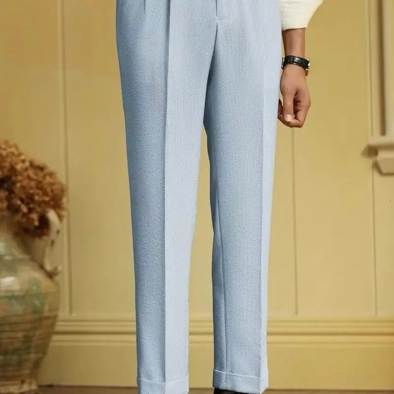 Italian Style Naples Suit Pants Men Blue Stripes Seersucker High Waist Paris Buckle Trouser Fashion England Business Casual Pant 240715
