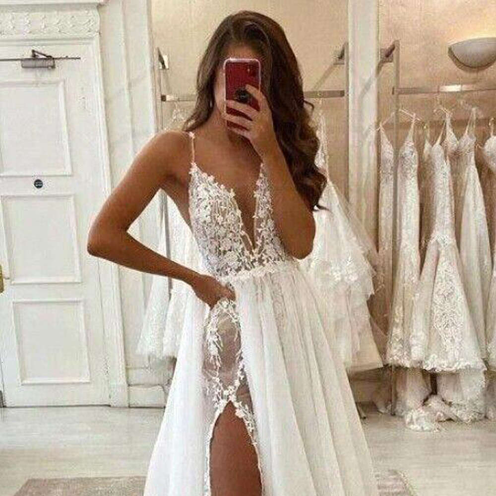 Elegant Boho Wedding Dresses For Women Spaghetti Straps Appliques Lace Bohemian High Split Simple Bridal Gowns Robe De Mariage