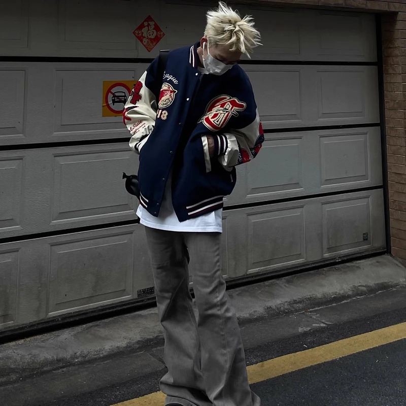 Korean College Mens Baseball Jacket Pattern Flocking Embroidered Patchwork Coat Punk Harajuku Motorcycle Outwear Y2k 240717