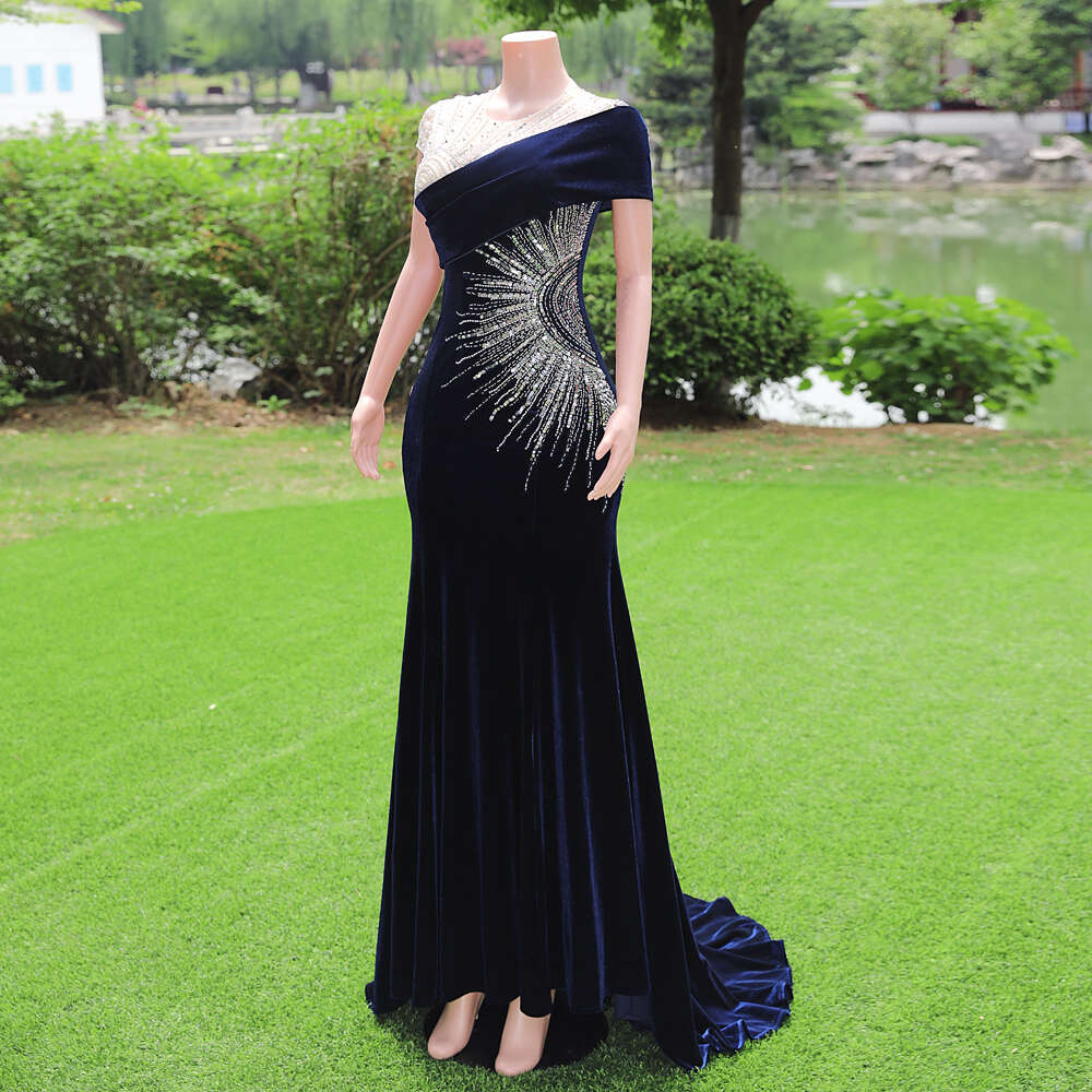 Women Glitter Sequined Beading Evening Dresses Navy Blue Veet Draped Formal Party Prom Gowns Red Velour Mermaid Robe De Soiree