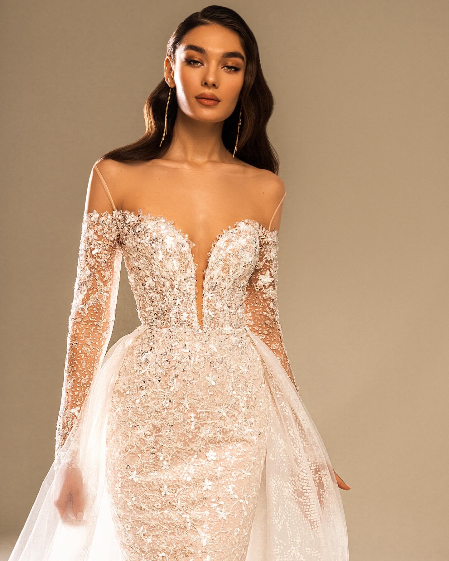 Aso Arabic Ebi Plus Size Ivory Illusion Mermaid Wedding Lace Detachable Train Sparkly Bridal Gowns Dresses