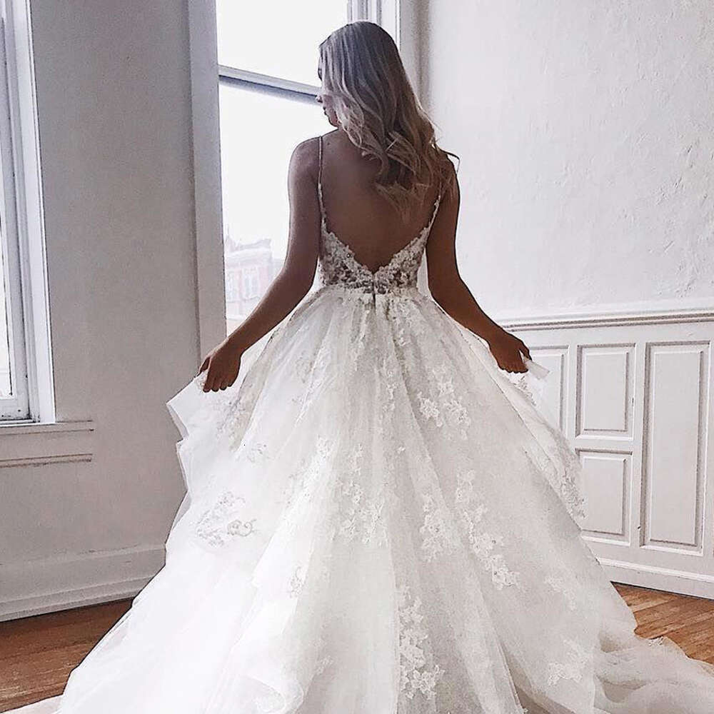 A Line Wedding Dresses V Neck Appliques Lace Spaghetti Straps Vestido De Novia Custom Made White Ivory Bridal Gowns