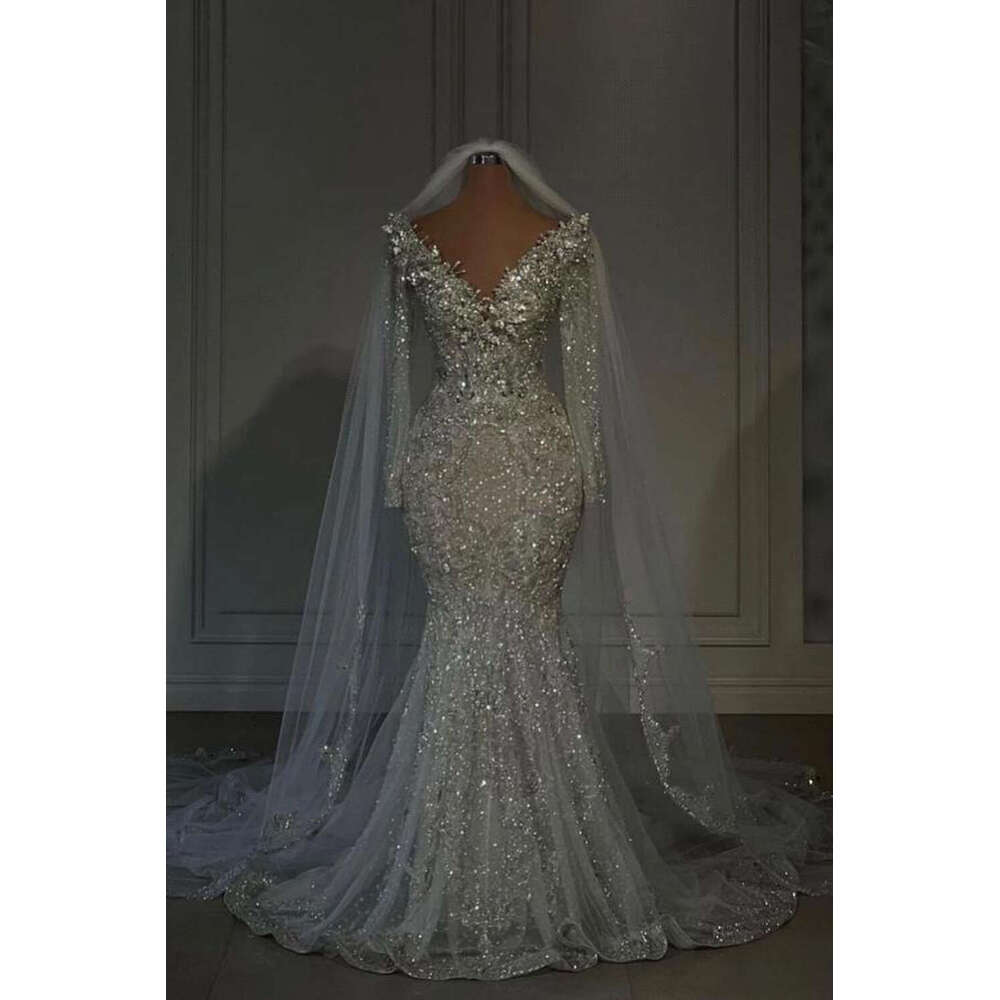 Mermaid Wedding Dresses Beaded Pearls Soft Tulle Sequined Crystal V Neck Bridal Formal Evening Prom Gown Vestido De Novia