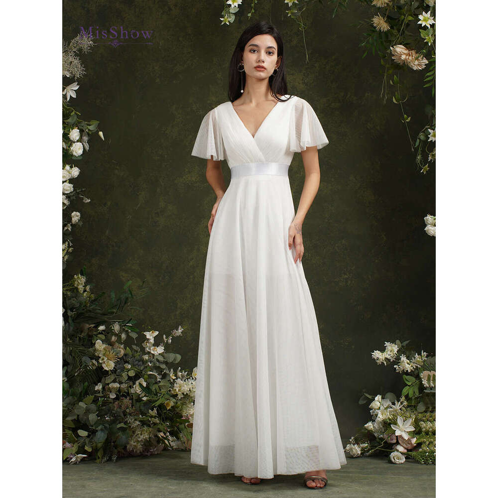 Simple Ivory Beach Dresses Women A-Line Puffer Short Sleeve V-Neck Tulle Backless Bridal Wedding Evening Party Gowns New