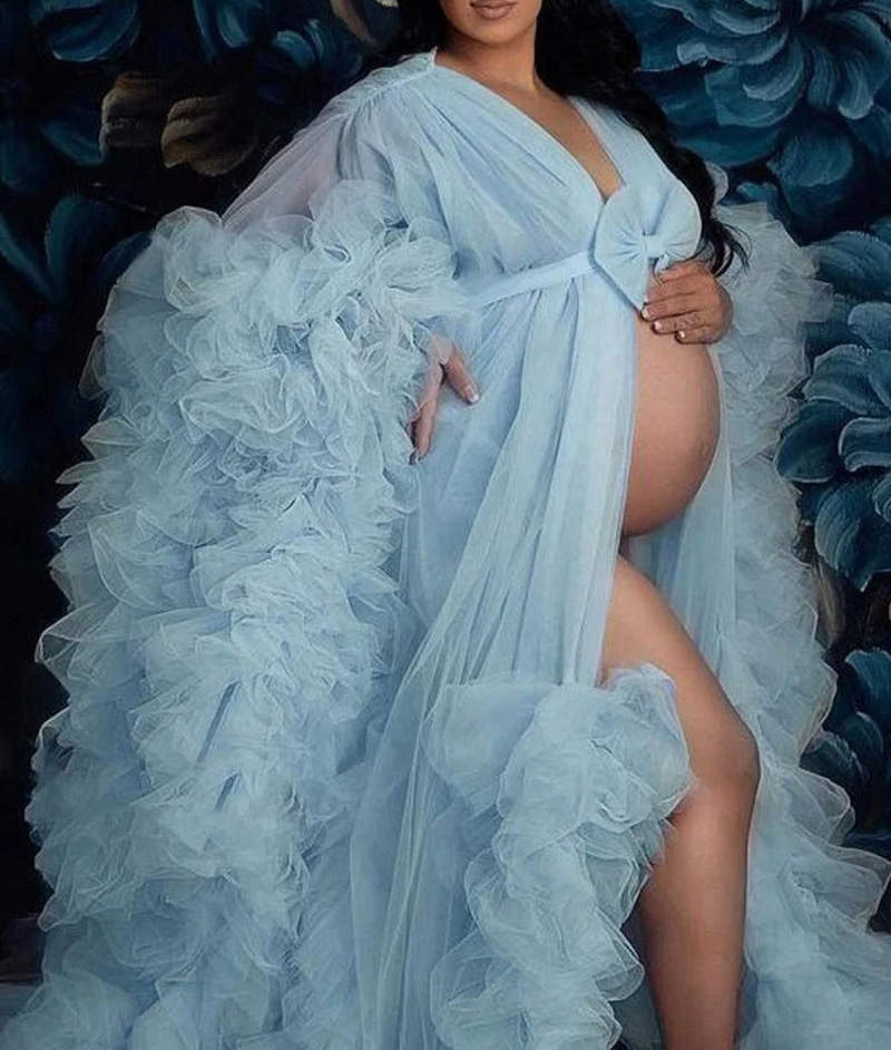 Bridal Ruffle Robe Wedding Gowns For Women Bride Bow Pregnancy Bathrobe Maternity Custom Made Tulle Robe for Photo Shoot