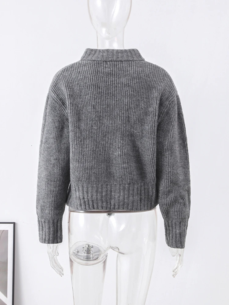Fashion Solid Zipper Round Collar Sweater For Women High Street Autumn Winter Casual Knitwear Long Sleeve Female Tops 240712