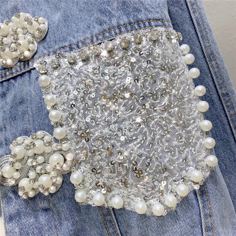 Spring Denim Jacket Women Heavy Industry Diamond Studded Bead Disc Buckle Loose Jeans Coat Clothes Vintage 240717