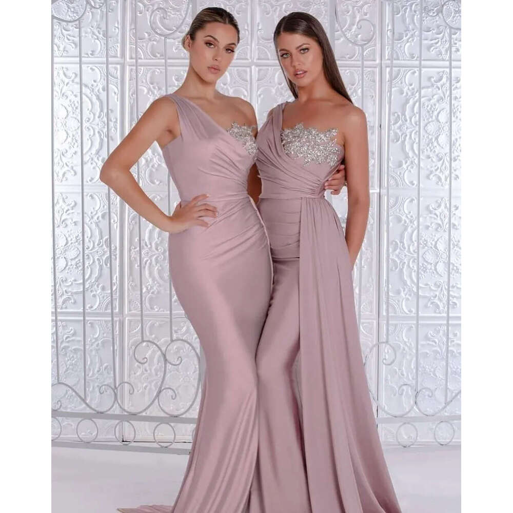 African Champagne Satin Evening Dresses One Shoulder Appliques Beaded Elegant Formal Party Prom Gowns For Bride Robe De Soiree