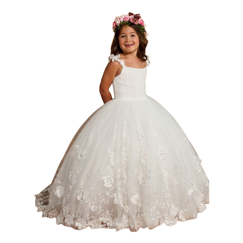 Little Ball Gown Flower Girls Dresses Spaghetti Straps 3D Floral Lace Appliques Ivory White Tulle Wedding Party Gowns Kids Formal Wear Birthday Christ