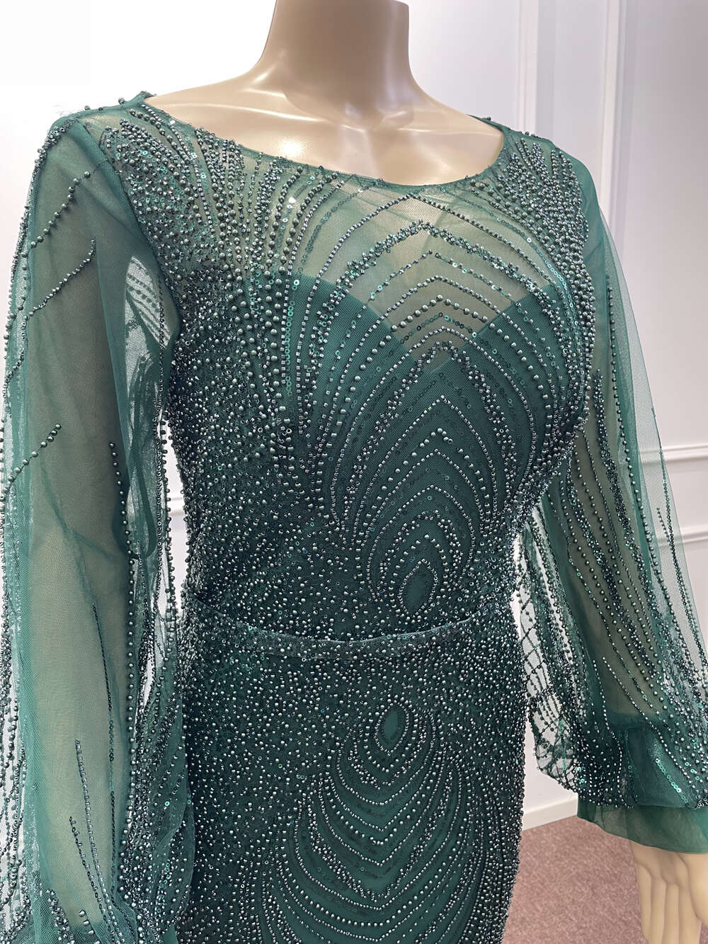 Mermaid Dark Green Sequined Tulle Evening Dresses Beading Long Lantern Sleeve Arabic Formal Party Prom Gowns Vestidos