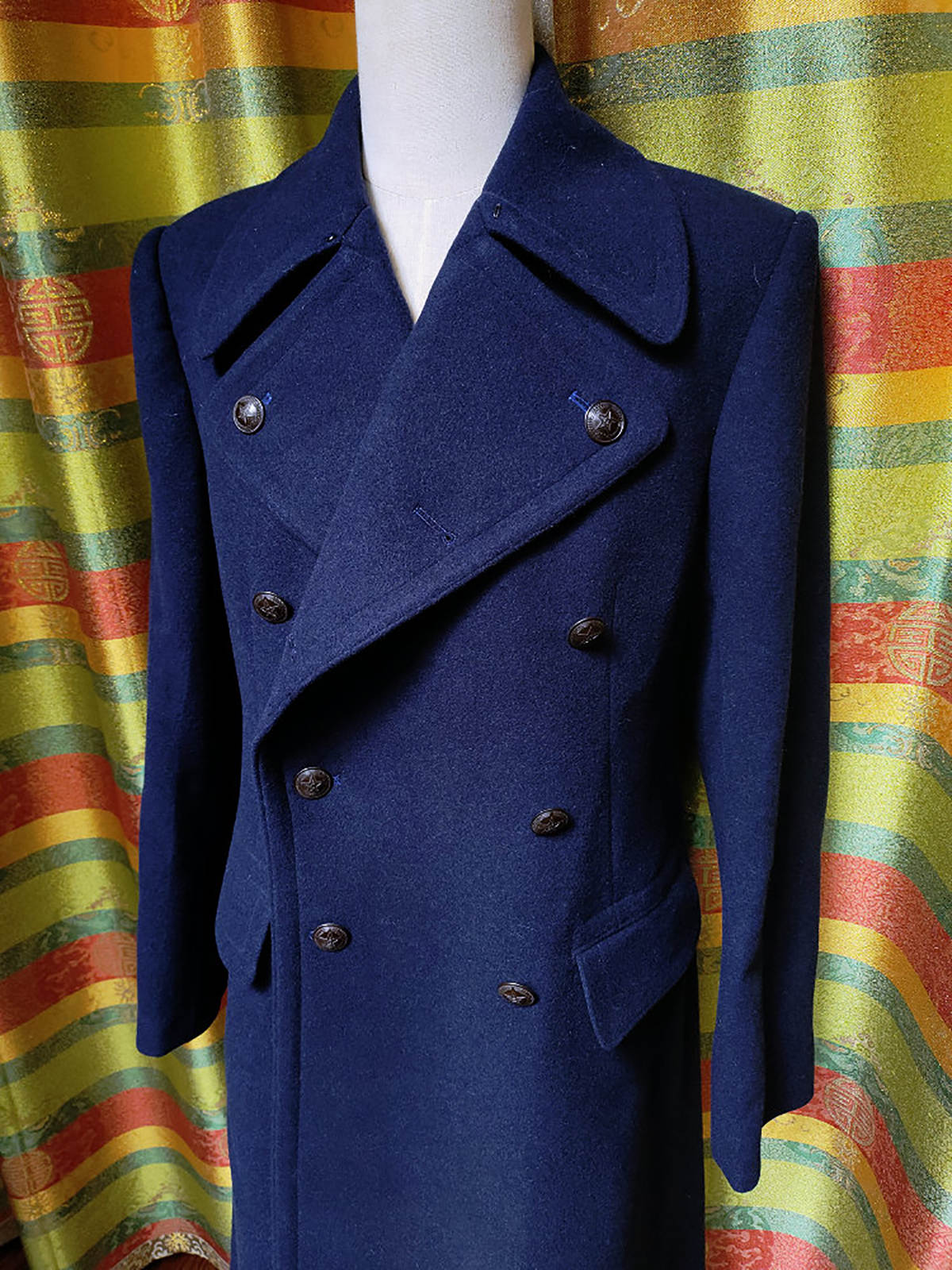 Classic Blue Men Suits Thick Wool Custom Made Double Breasted Tuxedos Peaked Lapel Blazer Back Vent Business High Quality Popular Cheap Price Long Coa