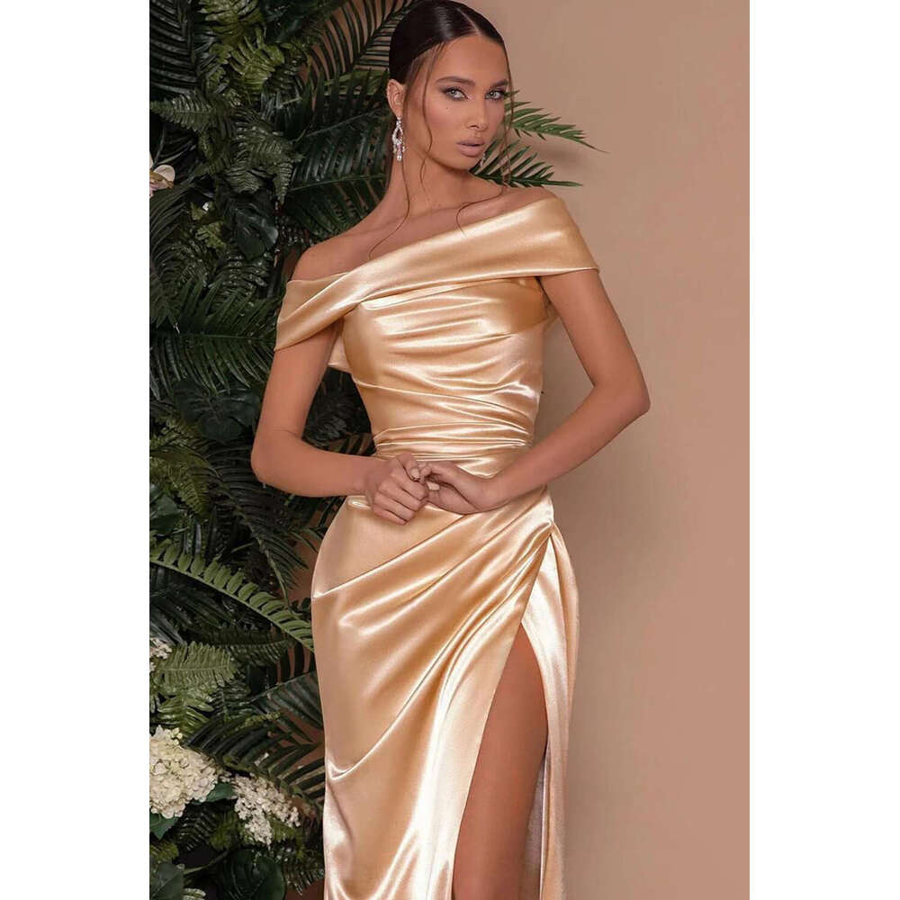 Champagne Satin Evening Dresses Women Off Shoulder Sexy High Split Ruched Bust Waist Pleat Prom Formal Party Gown Robe De Soiree
