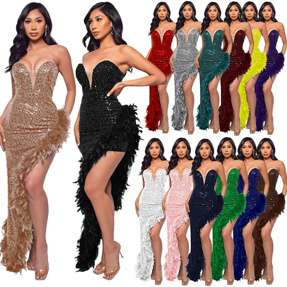 African Prom Dresses For Women 2023 New Elegant Evening Sexy Wrap Dress Sequined Feathers Robe De Soiree Ankara Dashiki Outfits