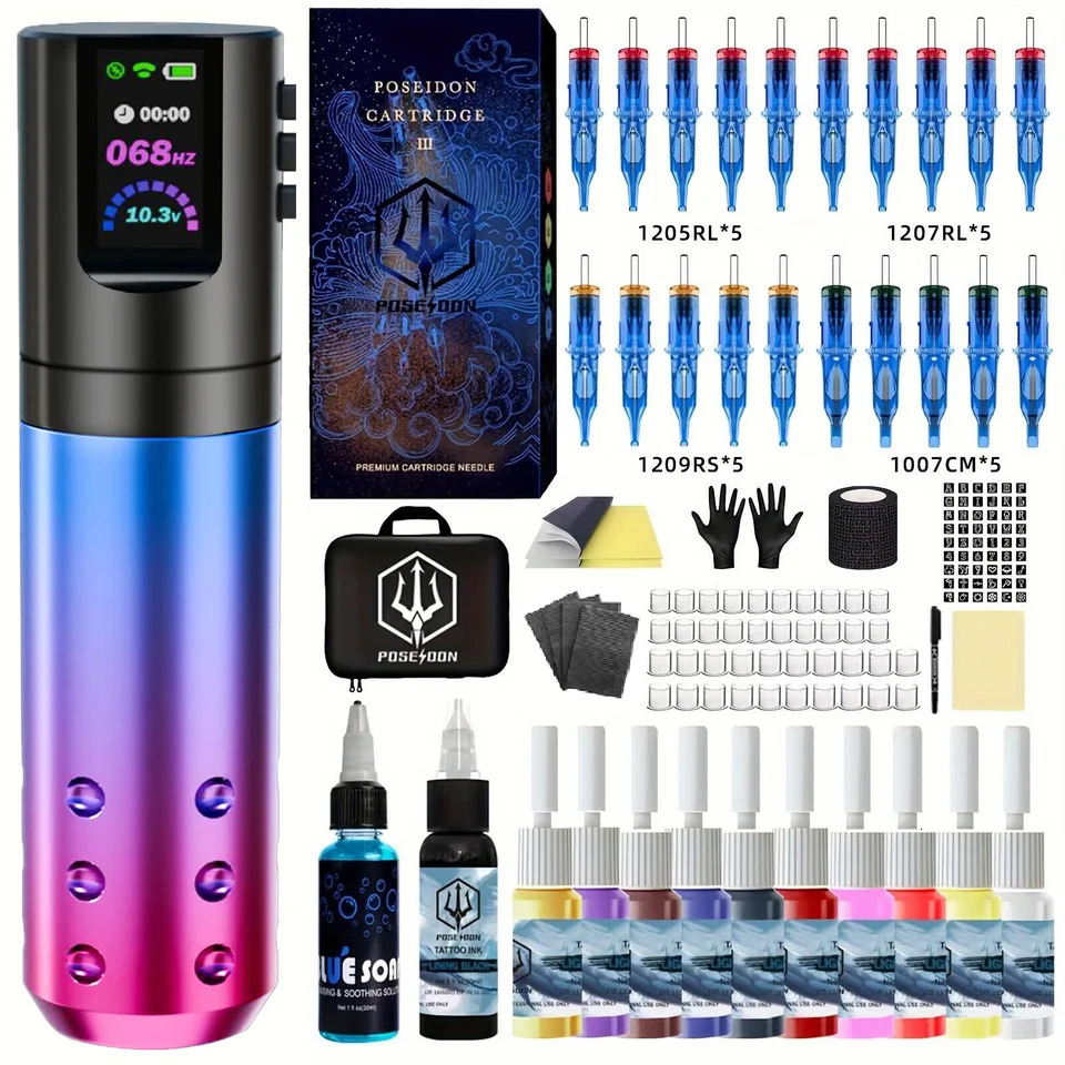 Tattoo Kit POSEIDON Gradient Color Tattoo Gun Kit For Permanent Makeup Tattoo Machine Kit Wireless Tattoo Power Supply Tattoo Ki 240715