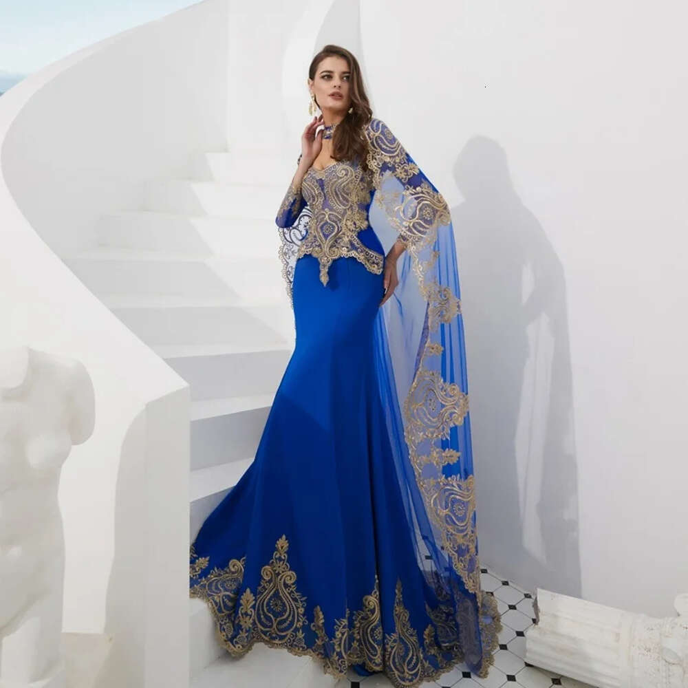 Royal Blue Embroidery Mermaid Evening Dresses For Women Muslim With Cape Long Sleeves Shawl Prom Party Gowns Robe De Soiree