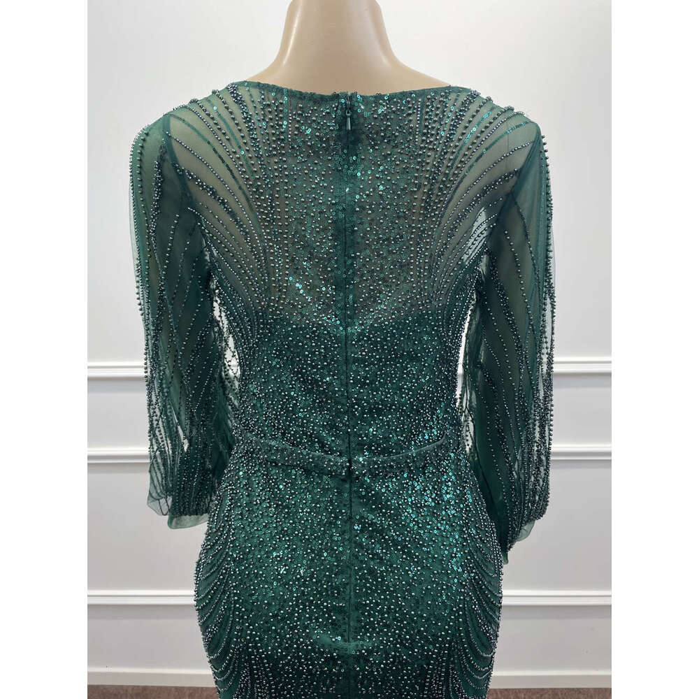 Mermaid Dark Green Sequined Tulle Evening Dresses Beading Long Lantern Sleeve Arabic Formal Party Prom Gowns Vestidos