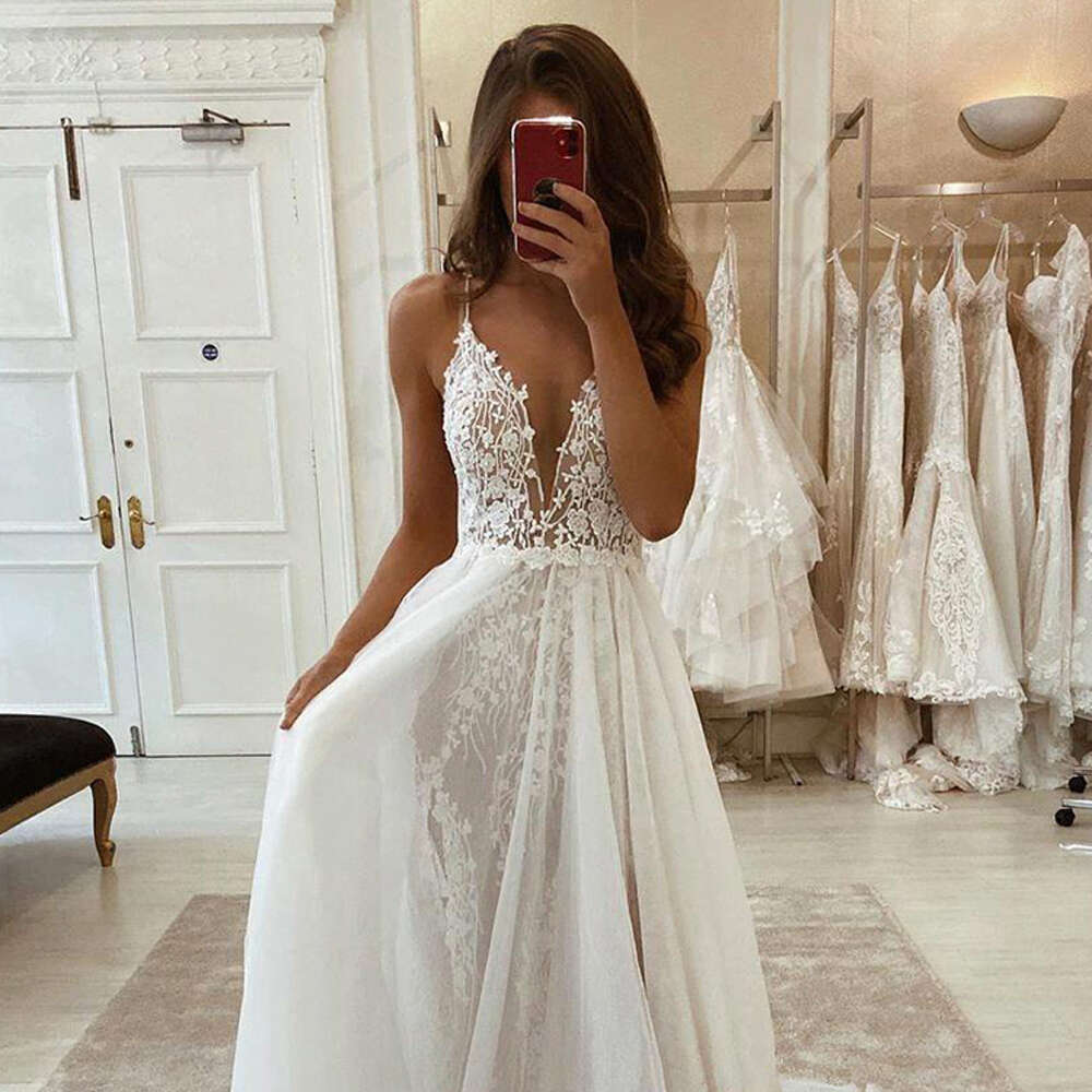 Elegant Boho Wedding Dresses For Women Spaghetti Straps Appliques Lace Bohemian High Split Simple Bridal Gowns Robe De Mariage