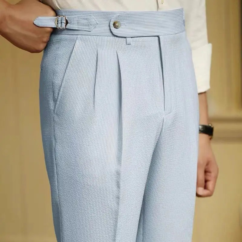 Italian Style Naples Suit Pants Men Blue Stripes Seersucker High Waist Paris Buckle Trouser Fashion England Business Casual Pant 240715