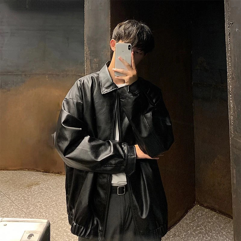 Pu Leather Jacket Men Brown Retro Motorcycle Jacket Autumn Korean Fashion Fried Street Loose Zipper Bomber Jacket Learher Coats 240715