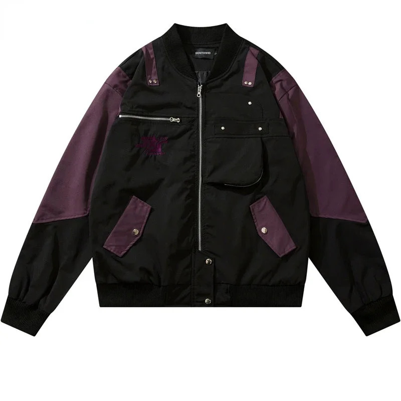 Men Cargo Jackets Y2K Streetwear Vintage Multi Pockets Patchwork Zipper Bomber Baseball Coats Streetwear Harajuku Outdoor 240717