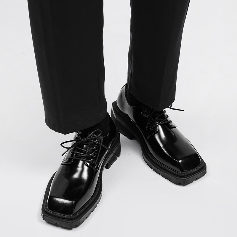 New square head Leather Shoes women Casual Men Formal Dress Thick Bottom Loafers Lace-up Black British Business Work Shoes 44
