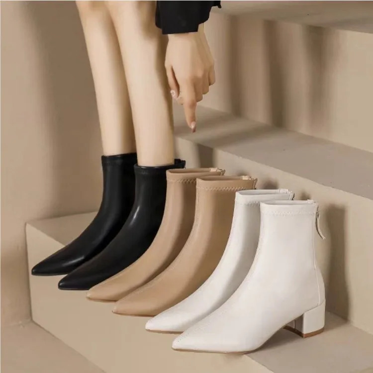 Pointed Toe Womens Ankle Boots Fashion Back Zippers Short Botas Ladies Elegant Square High Heel Winter Womens Footwear 240716 - view 4