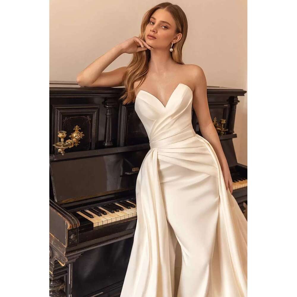 Simple Mermaid Wedding Dresses Strapless Bridal Gowns With Detachable Train Slim Custom Made Bride Clothes Vestidos De Novia 0226Lz