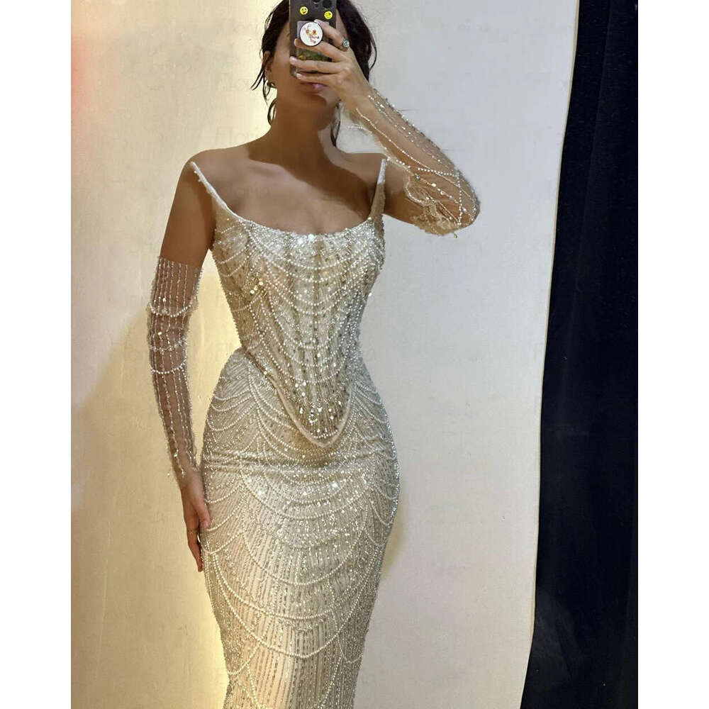 3 Pieces Suit Sequined Pearls Evening Dresses Mermaid Champagne Beaded Spaghetti Straps Formal Prom Party Gowns Vestidos