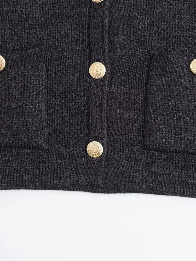 TRAF Autumn Knitted Slim Fitting Womens Cardigan Long Sleeve Pocket Single Breasted Female Sweater Fashion Lady Top 240712
