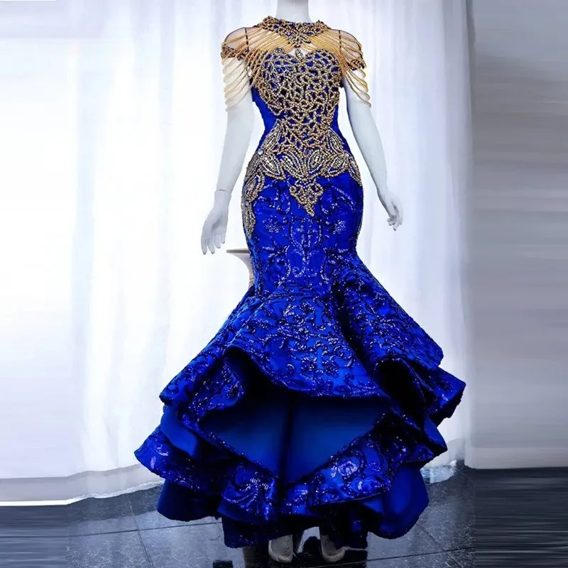 Lism Aso Ebi Mermaid Evening Dresses For Women Sequin Beading Royal Blue Prom Gown Celebrity W 0220