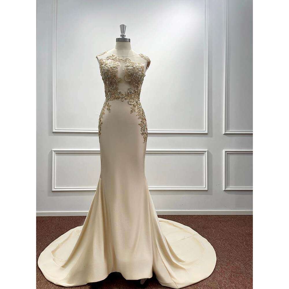 Champagne Satin Mermaid Evening Dresses Beaded Sequined Embroidery Ruffled Hem Formal Party Prom Gowns Vestido De Fiesta
