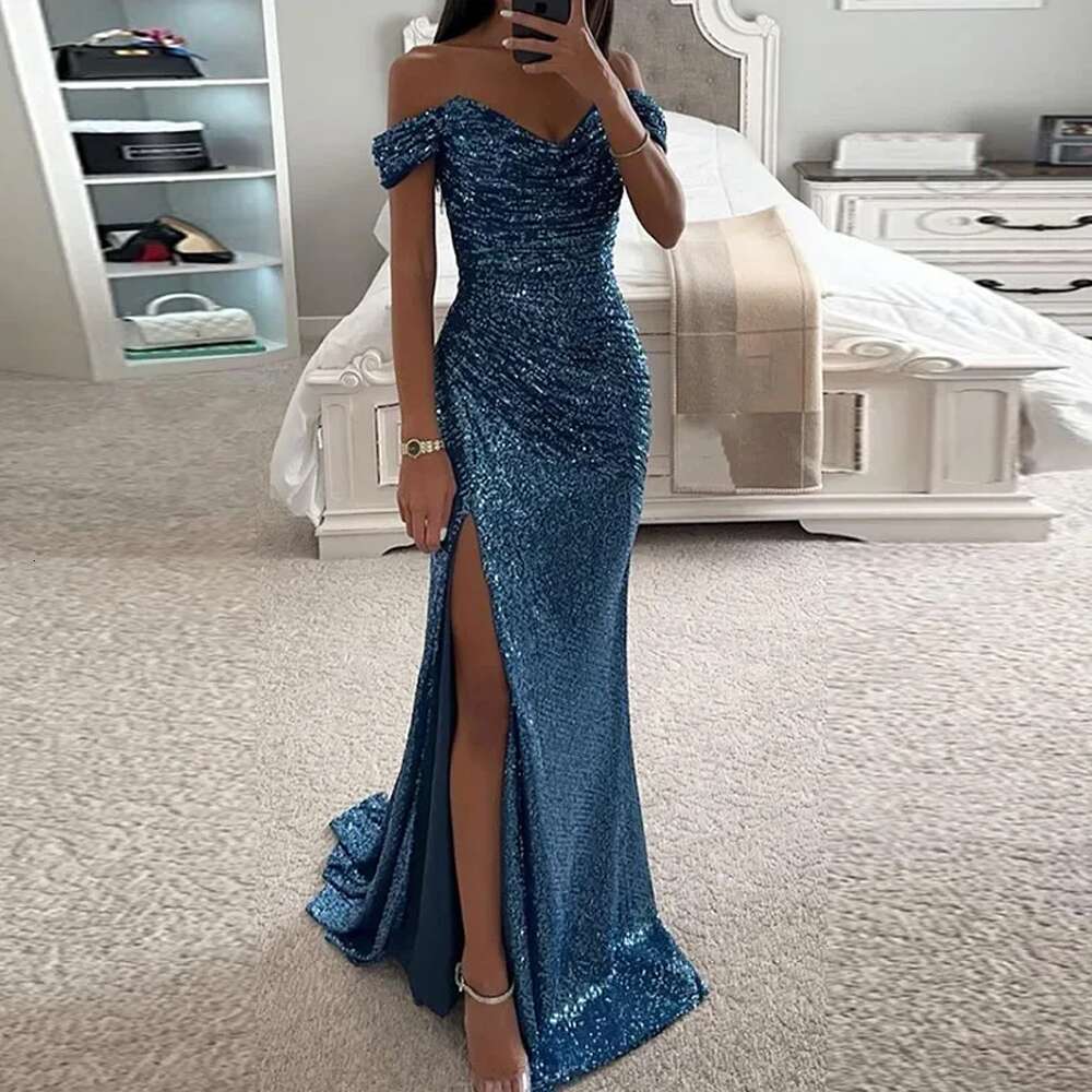 Sequined Mermaid Bury Evening Dresses Shiny Sexy High Split Off Shoulder Sweetheart Prom Formal Party Gown Vestido De Fiesta