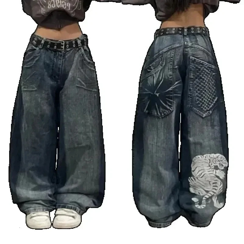 Harajuku Retro Hip Hop Print Baggy Jeans JNCO Jeans Y2K Womens Black Pants Gothic High Waisted Wide Trousers Streetwear 240716