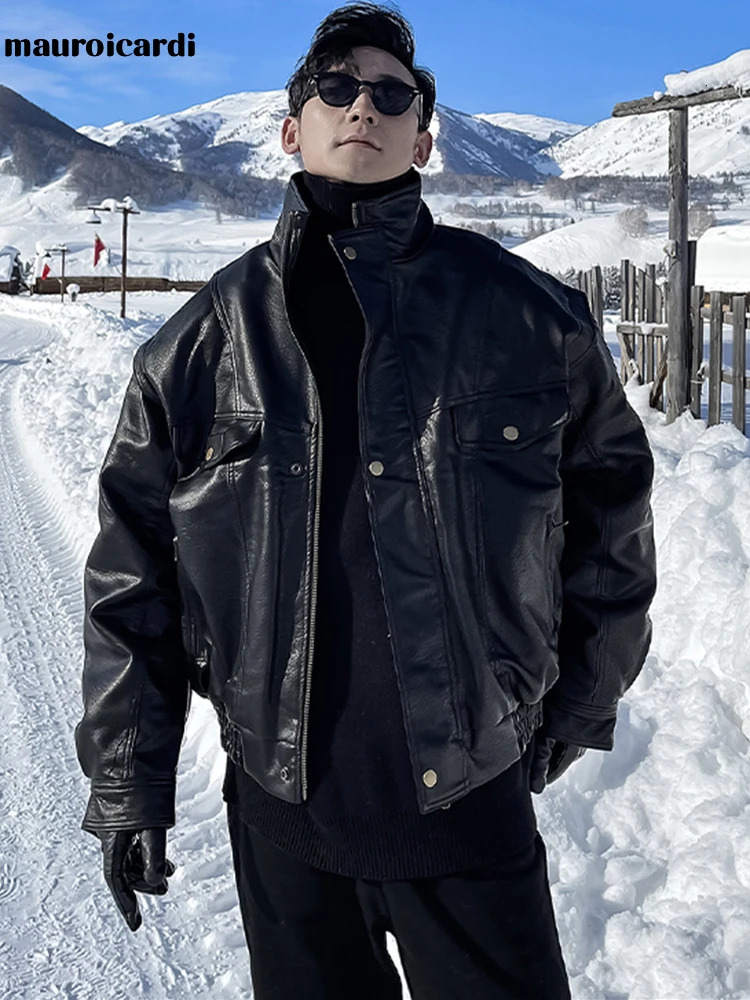 Mauroicardi Autumn Winter Waterproof Windproof Oversized Thickened Warm Black Faux Leather Jacket Men Zip Up Casual Cool Fashion 240715