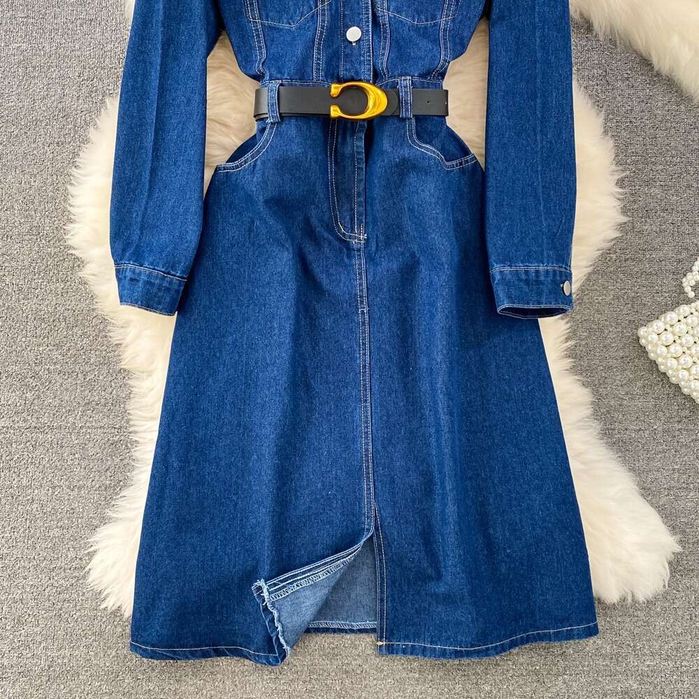Cowboy Dress Autumn New Hong Kong Style Temperament Lapel Bubble Long Sleeved Waist Cinched A-line Slit Skirt Sexy Pregnant Womens Dress Denim Dress