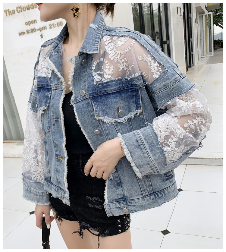 Women's Denim Jacket Lace Jacket Spring Autumn Elegant Lace Jeans Coat Fashion Ladies Jackets Mujer