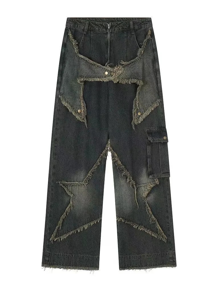 Star raw edge pattern Y2K jeans mens hip-hop pocket ultra-loose retro embroidered wide-leg pants Harajuku Gothic denim trousers 240716