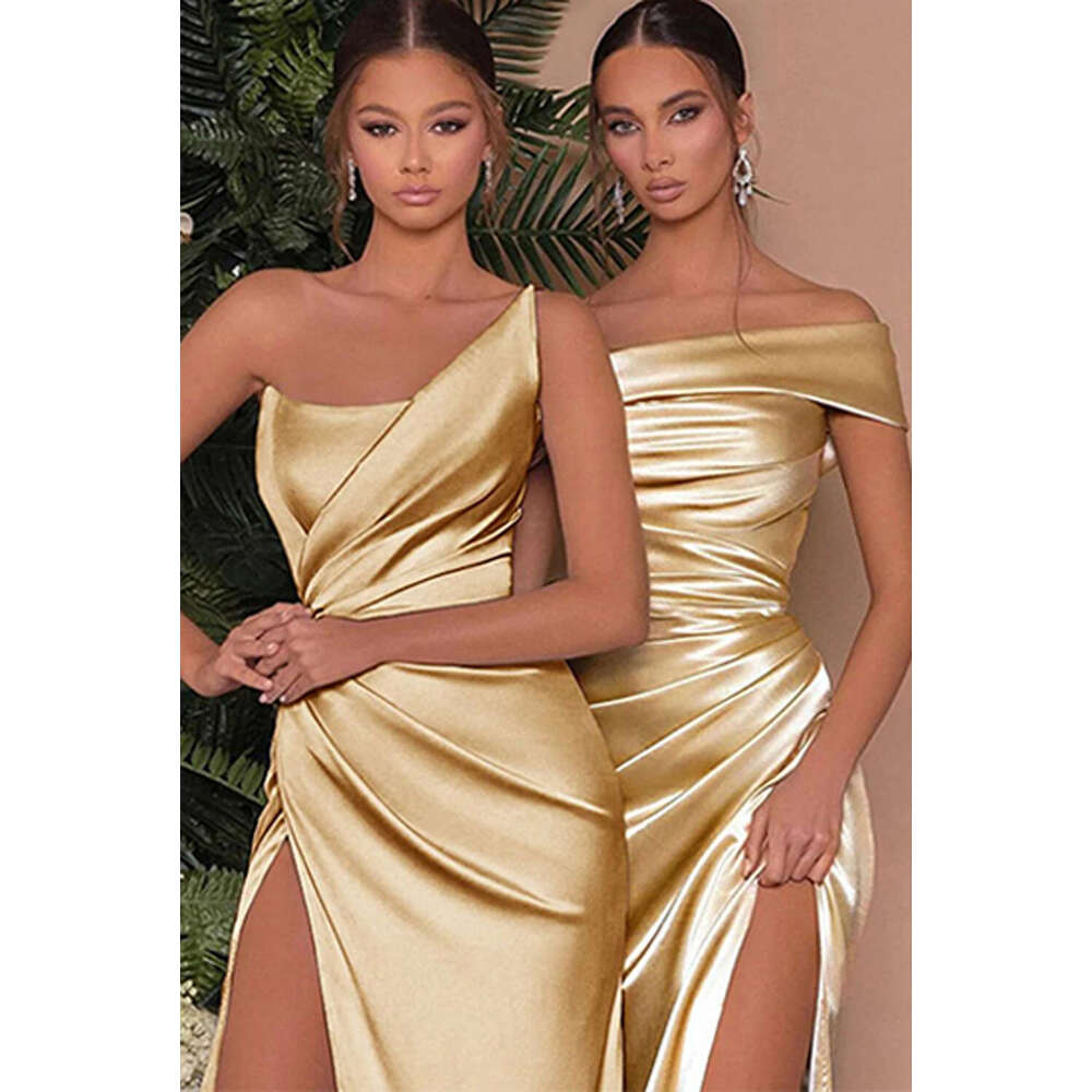 Champagne Satin Evening Dresses Women Off Shoulder Sexy High Split Ruched Bust Waist Pleat Prom Formal Party Gown Robe De Soiree