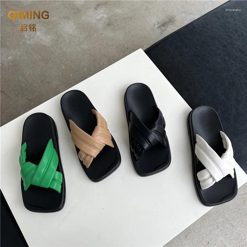 Slippers Ladies Home Women Slides Summer Cross Woven Sandals Square Head Fashion Outer Beach Shoes Woman Flip ps Indoor