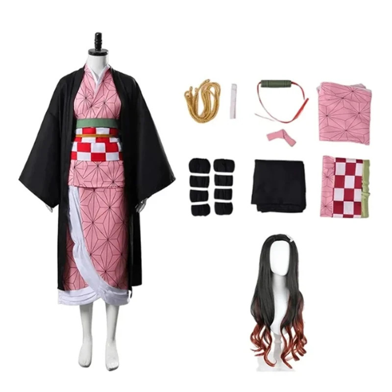 Anime Demon Slayer Nezuko Cosplay Costume Kimono Kimetsu No Yaiba Kamado Nezuko Costume Wig Womens Girls Kimono Uniform Clothes 240716