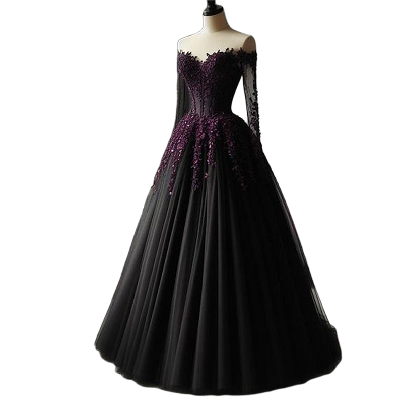 Black Gothic Evening Dresses Long Sleeve Off Shoulder Floor Length A-Line Formal Party Gowns Lace Appliques Corset Tulle Prom Dress For Women