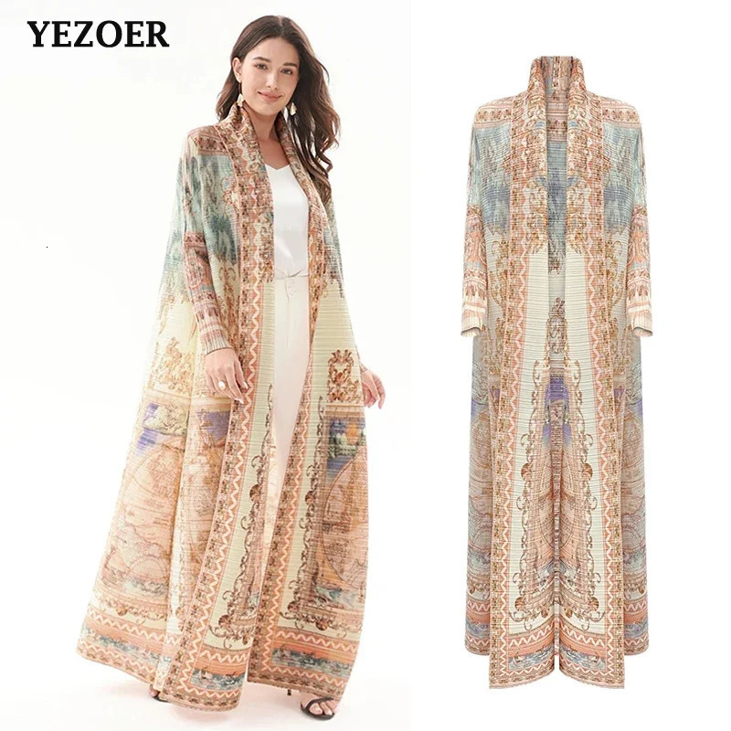 Miyake Pleated Vintage Printed Turndown Collar Long Sleeve Dress Women Dubai Style Plus Size Coats 240712