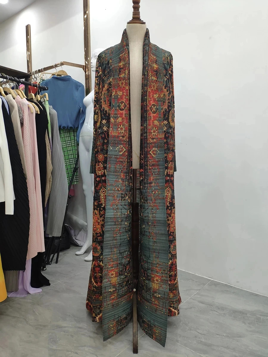 Miyake Pleated Vintage Printed Turndown Collar Long Sleeve Dress Women Dubai Style Plus Size Coats 240712