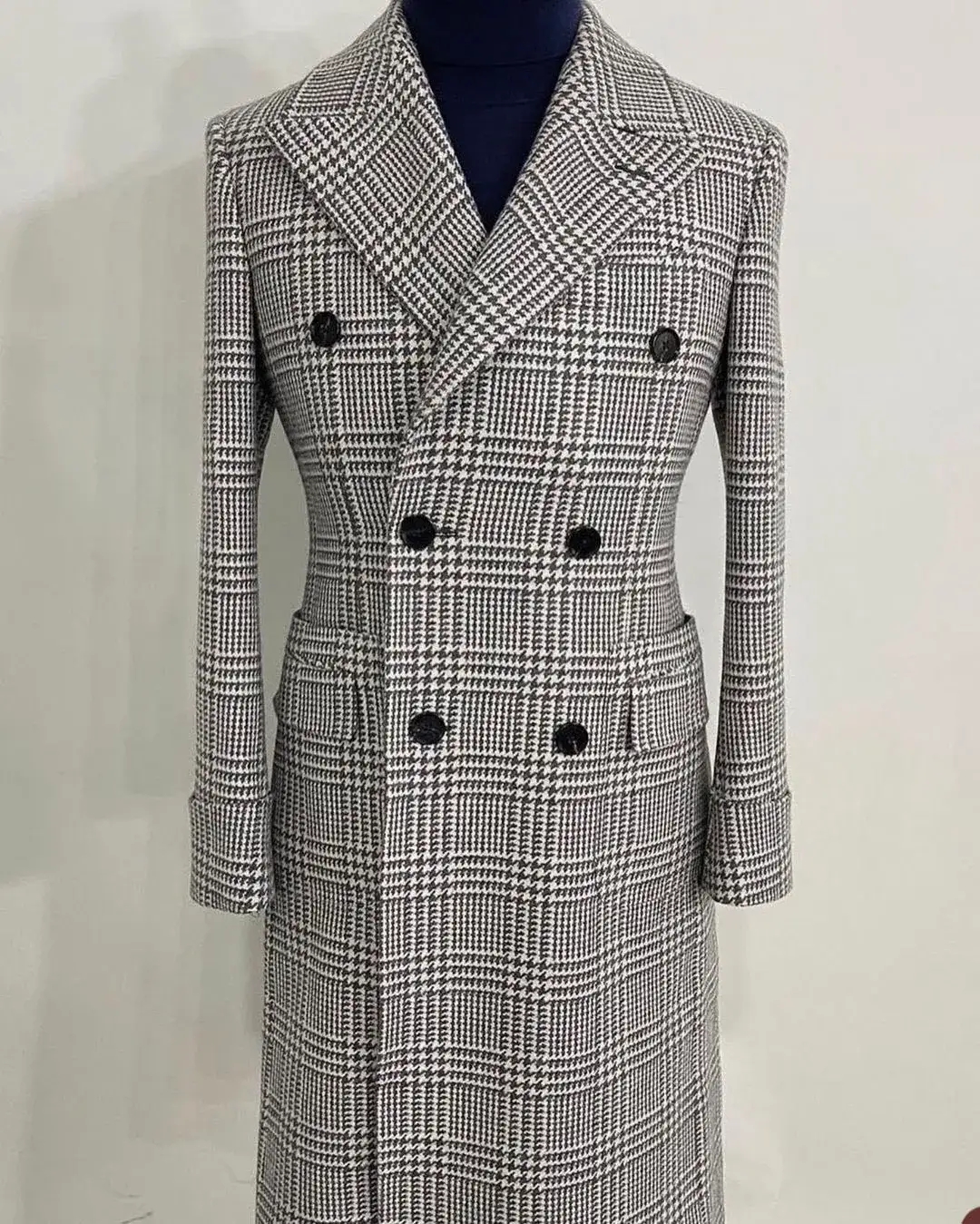 Daily Gray Men Suits Thick Wool Custom Made Double Breasted Tuxedos Peaked Lapel Blazer Back Vent Business High Quality Popular Cheap Price Long Coat 