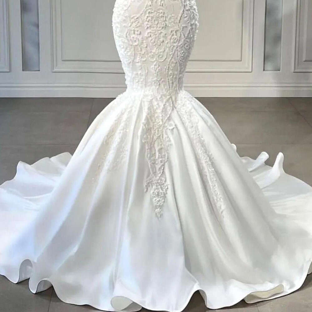 Mermaid Wedding Dresses High Neck Lace Up Corset Beading Sweep Train Satin Appliques Plus Size Bridal Gowns Vestidos De Novia
