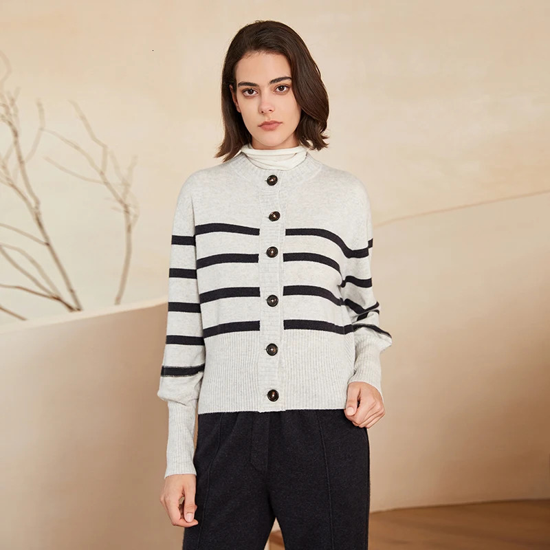 BC-267 Crewneck Single-Breasted Stripe Pure 100% Cashmere Clothes Knit Cardigan For Womens Autumn Sweater 240715