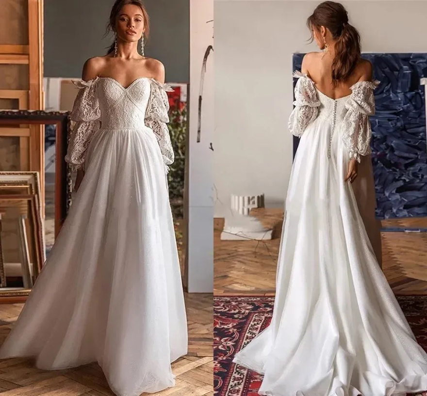 Modern Boho Off Shoulder Long Sleeve Wedding Dresses Appliqued Lace Summer Bohemian Beach Garden Sweetheart A e Bridal Gowns With Button Covered Back
